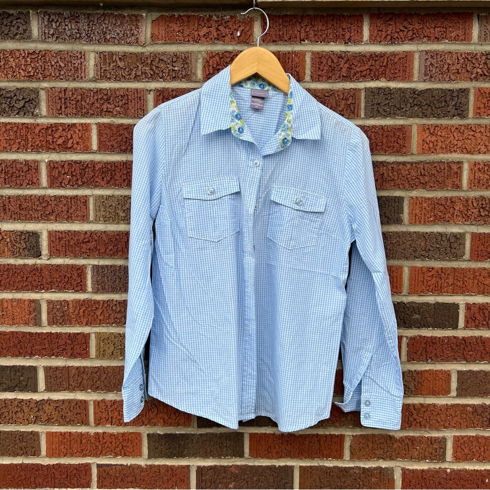 Laura Scott Light Blue and White Floral Collar Gingham Print Button Down Shirt